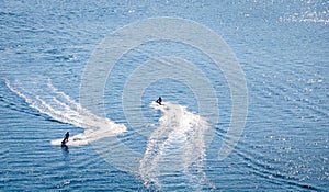 Two men riding a jet ski at Kondyli beach Greece