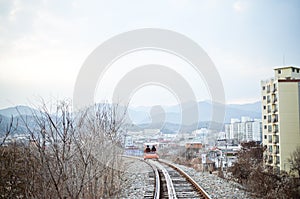 Two men rising rail bike at Gapyeong Rail Park, Nami Island