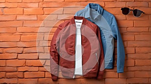 Minimalistic Elegance: Men\'s Jackets On Orange Brick Background photo