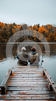 Two men are seated on a dock beside a lake, actively engaged in the act of fishing