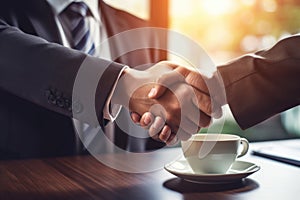 Two men shake hands. A business handshake. Close-up of the hands