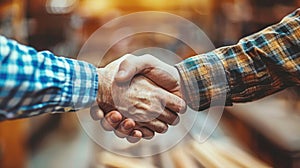 Two men shake hands in a business setting