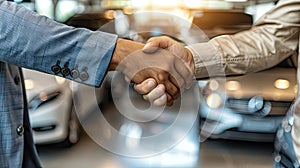 Two men shake hands in front of a car