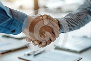 Two men shake hands in front of a car by AI generated image