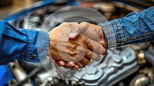 Two men shake hands in front of a car engine