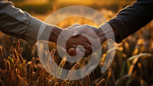 Two men shake hands in front of wheat fields. AI Generated