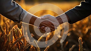 Two men shake hands in front of wheat fields. AI Generated