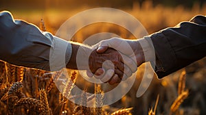 Two men shake hands in front of wheat fields. AI Generated.