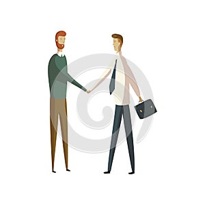 Two men shake hands. Vector illustration on white background.