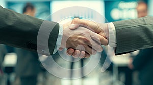 Two men shaking hands in a business setting. Generative AI