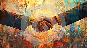 Two Men Shaking Hands in Front of a Cityscape. Silhouettes of people on an abstract city background. Modern business