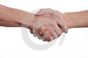 Two men shaking hands over isolated white