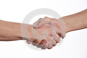 Two men shaking hands over isolated white background.