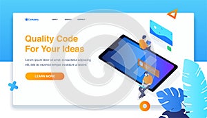 Two men sitting on the tablet, build  website, user interface, website development, 3d isometric, landing page, site building