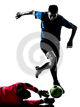 Two men soccer player goalkeeper competition