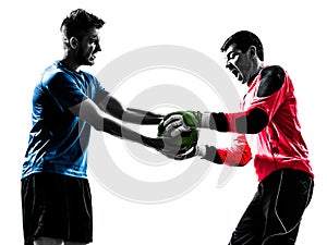 Two men soccer player goalkeeper competition silhouette