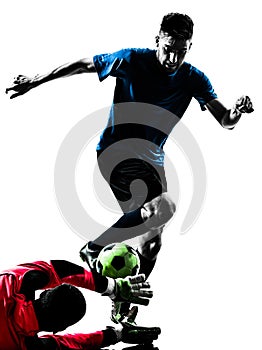 Two men soccer player goalkeeper competition silhouette