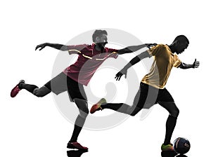 Two men soccer player standing silhouette