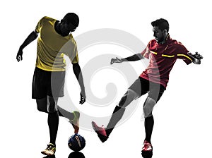 Two men soccer player standing silhouette