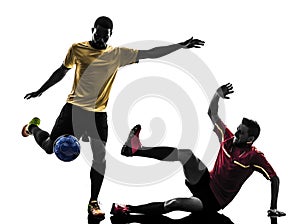 Two men soccer player standing silhouette