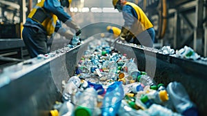 Two Men Sorting Plastic Bottles at Garbage Processing Plant