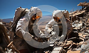 Two Men in Spacesuits Climbing Mountain photo