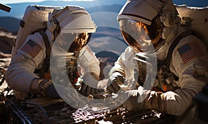 Two Men in Spacesuits Working on Wood