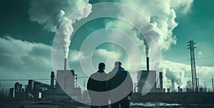 Two men stand in front of a nuclear power plant. They look at the smoke from the pipes