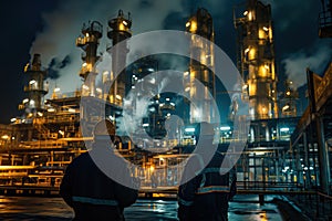 Two men standing in front of a large industrial plant