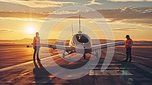 Two men are standing on the runway next to a small plane generated by AI