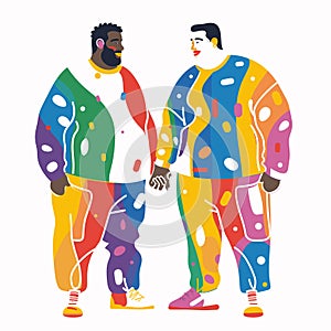 Two men standing together, holding hands, faces showing happiness. Men wearing colorful outfits photo