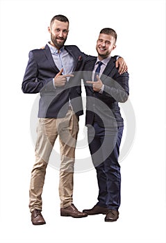 Two men in suits hugging