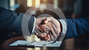 Two men in suits shake hands close-up.