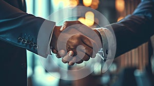 Two men in suits shake hands close-up.