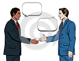 Two men in suits are shaking hands isolated on white background.