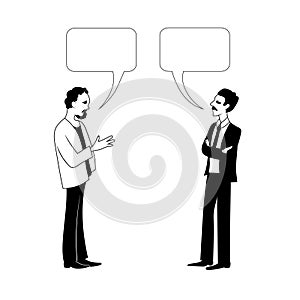 Two men are talking. Vector black outline image.