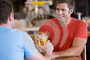 Two men toasting beer in a bar