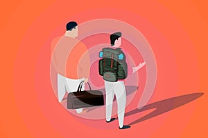 Two men with travel bags, isometric illustration, migration and travel poster concept.