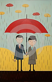 Two Men Under A Red Umbrella: A Satirical Expressionist Painting