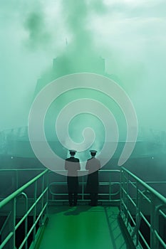 Two men in uniforms standing on boat deck in the fog. Generative AI