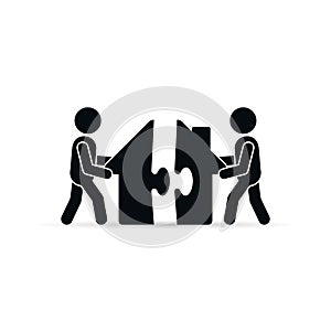 Two men unite puzzle parts of home icon. Vector simple illustration