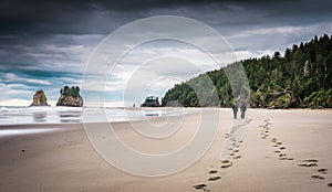 Two men walking on beach with footprints in the sand