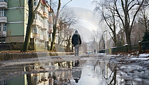 Two men walking in the winter snow generated by AI