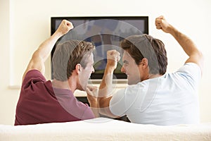 Two Men Watching Widescreen TV At Home