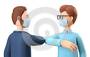 Two men wearing protective face masks greeting colliding elbows. 3D illustration of businessmen with safe greetings.