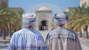 Two men wearing white and black turbans walk down a street