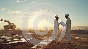 Two Men in White Suits and Hard Hats at Construction Site. Generative AI.