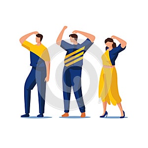 Two men and a woman doing stretching exercises, dressed in blue and yellow sporty clothing. Fitness workout routine