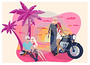 Two men and two women relaxing by a motorcycle on the beach at sunset. Biker friends enjoying summer vacation. Tropical