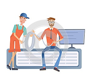 Two men working with a computer server or a render farm. Technicians in the data center. Vector illustration,